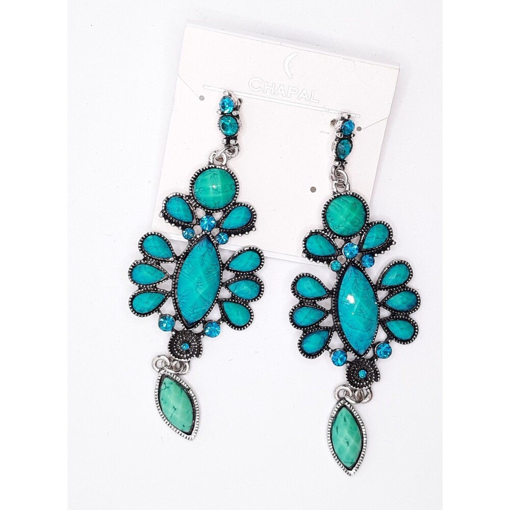 Chapal Zenray Earrings Turquoise Colored With Crystals Silver Metal, Dangling